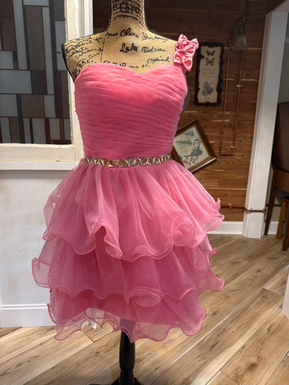 Grace Karin Hot Pink One-Shoulder Ruffled Tiered Party Dress with Beaded Waist